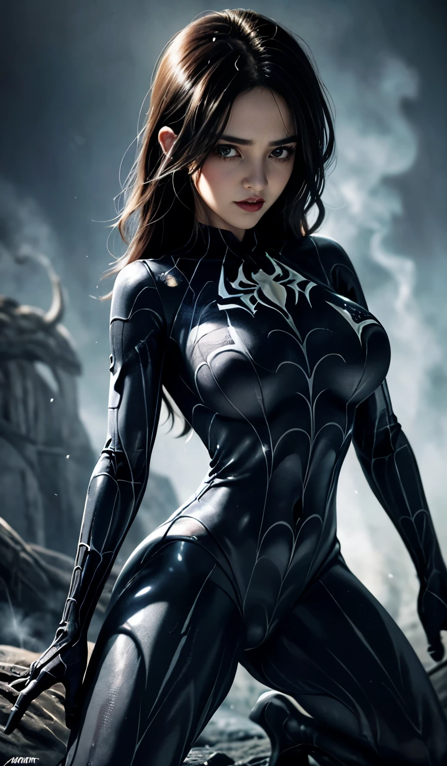 4K，Realistically，Glamorous，charming，Mature，Mature，Royal sisters,Very detailed，There is a girl in Dingcheng，Dressed in a black hero costume（Dragon Poison Liquid Black Set），（black and white：1.4） night,symbiote，poison，Lots of mucus,Electronic Demon, melted, Destroyed artwork, Fine details, Tentacles, wrapped in black Tentacles, covered with Tentacles, some Tentacles are touching her,She is a hero，Black superhero theme，Close-up of a person painted black, In front of the sky，color，( Open your legs， Camel toe，， Vulva shape：1.2）,(GGcamel toe:1.2)，35 years old，Full body female