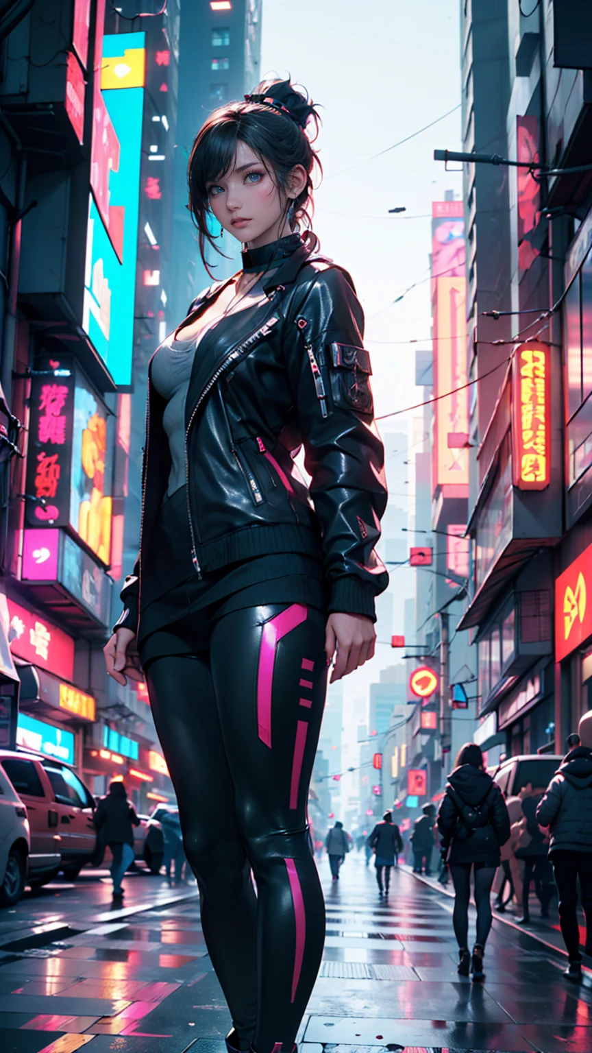 Masterpiece, Best quality, Confident cyberpunk girl, Full body shot, ((Stand in front of the motorcycle)), Popular costumes in Harajuku style, Bold colors and patterns, Eye-catching accessories, Trendy and innovative hairstyle, Vibrant makeup, Cyberpunk's dazzling cityscape, skyscrapper, Neon signs, LED lights, Bright and vivid color scheme, anime big breast, illustration, Detailed skin texture, Detailed cloth texture, Beautiful detailed face, Intricate details, Ultra detailed.