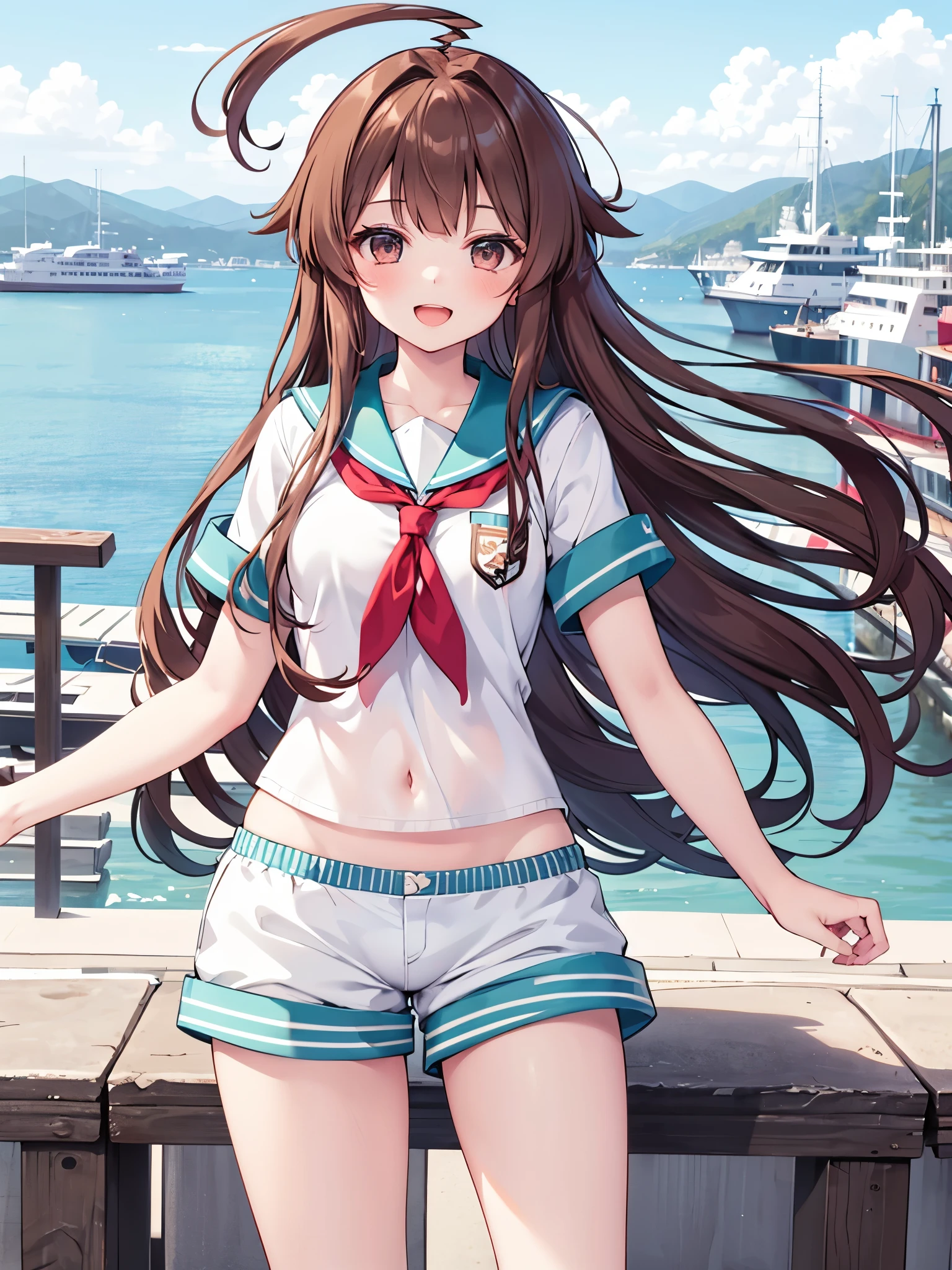 1young_teen_ girl,  brown_hair, long_hair, sailor_uniform,white_ baggy_shorts, short_sleeve, thighs, small_breasts, big_smile, open_mouth, standing, harbor_background, slightly_spread_legs, happiness, covered_crotch,ahoge,XD,exciting,