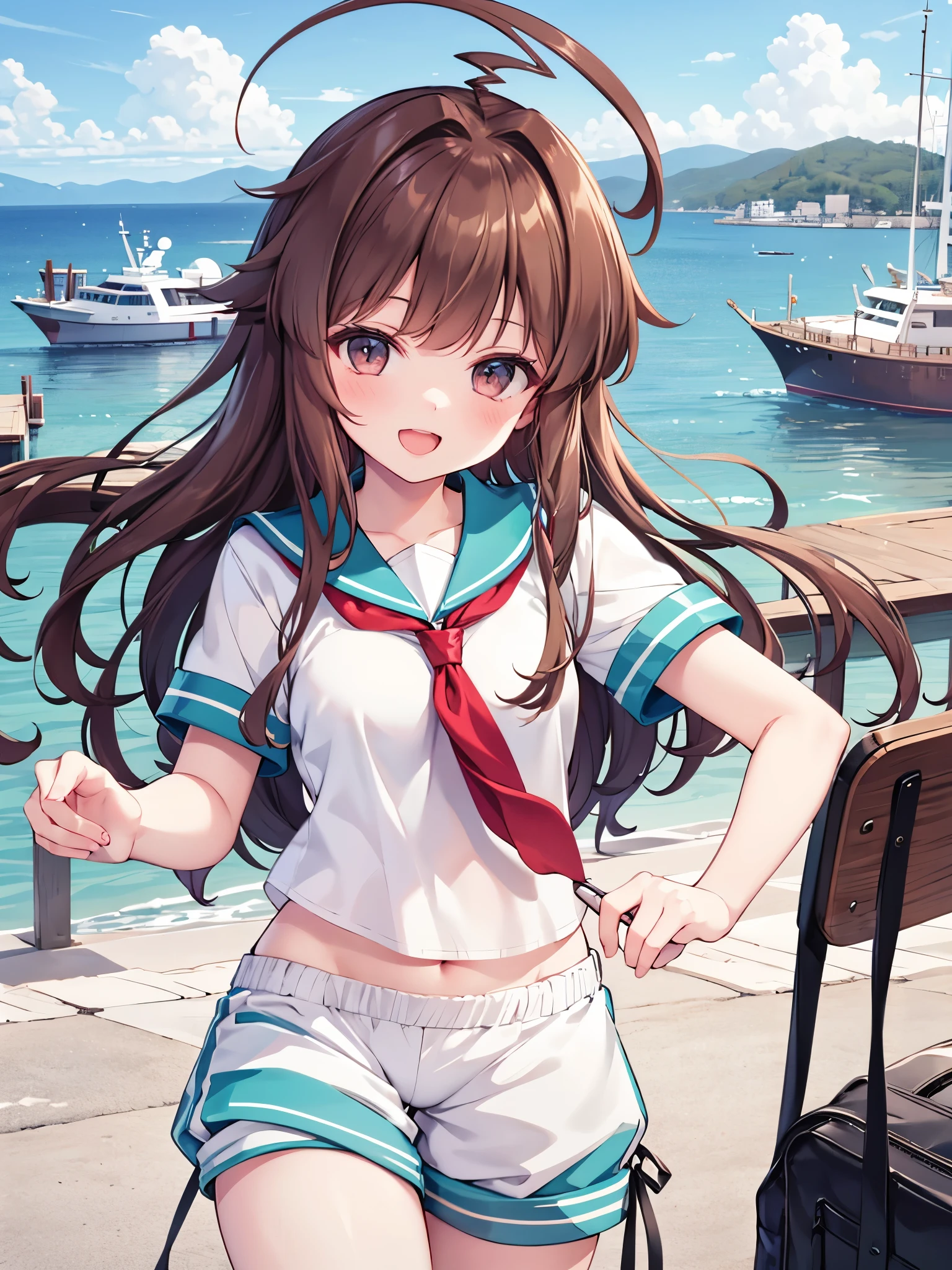 1young_teen_ girl,  brown_hair, long_hair, sailor_uniform,white_ baggy_shorts, short_sleeve, thighs, small_breasts, big_smile, open_mouth, standing, harbor_background, slightly_spread_legs, happiness, covered_crotch,ahoge,XD,exciting,