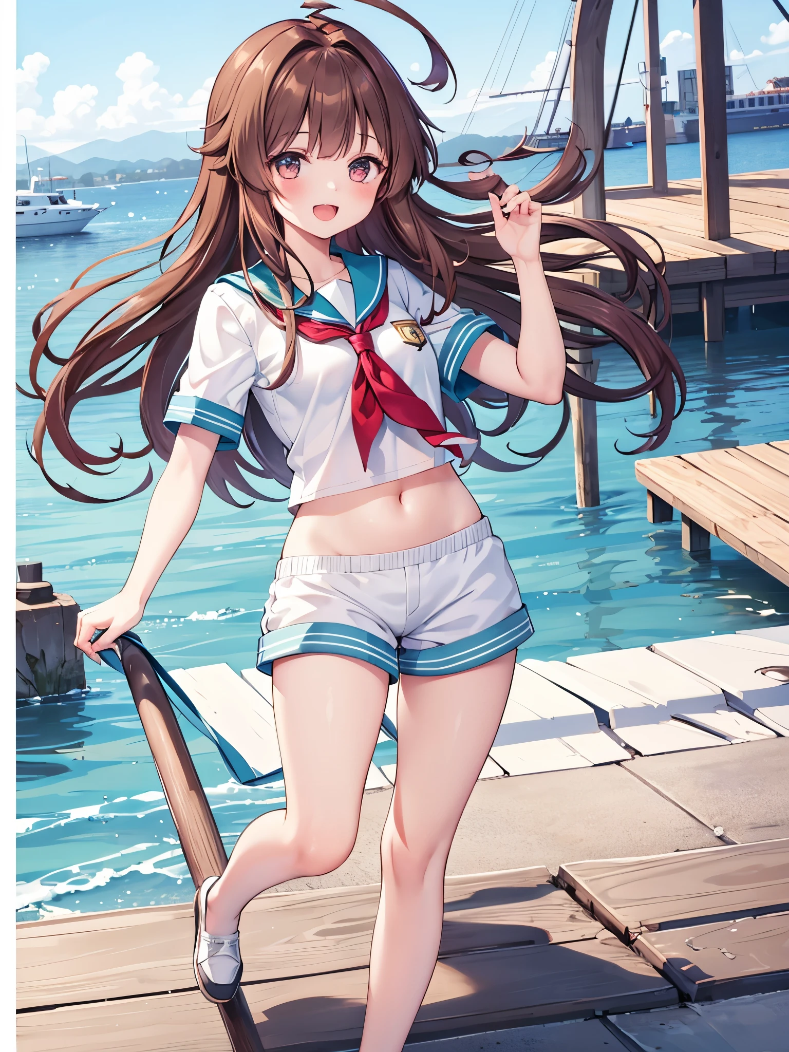 1young__ girl,  brown_hair, long_hair, sailor_uniform,white_ baggy_shorts, short_sleeve, thighs, small_breasts, big_smile, open_mouth, standing, harbor_background, slightly_spread_legs, happiness, covered_crotch,ahoge,XD,exciting,