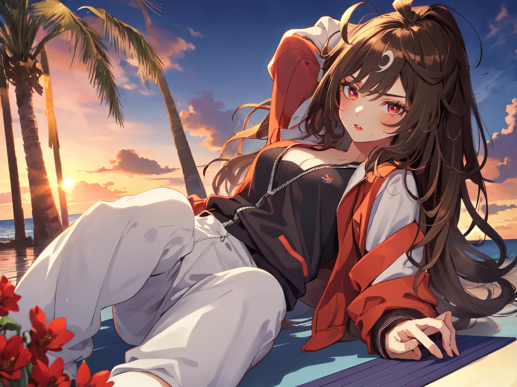 solo, one girl, human ears, (red eyes), (short height, flat chest), (vertical rolls, vertical rolls, long hair, hair tied at the back of the head with a big red ribbon, flower hair ornament in front), (serious face), (lying on back on floating mat), (sweatpants, boots, lipstick, sweat, vest), (sunset sky, evening sun, evening sky, beachside), (chest centered, tilted angle), (high resolution, masterpiece, accurate, anatomically correct, multiple awards, top quality, detail, high quality model, high detail, high quality, quality, retina, highly detailed, textured skin, ultra high definition)