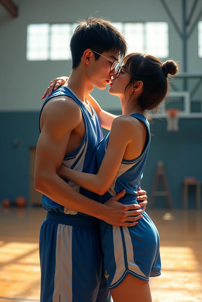 Oil painting in manhwa style,nude handsome idol Korean hunk with his nude wife, kissing, full body, man nude, bare chest man, tattooed hunk, sitting in basketball court, Best Quality, Film Stills