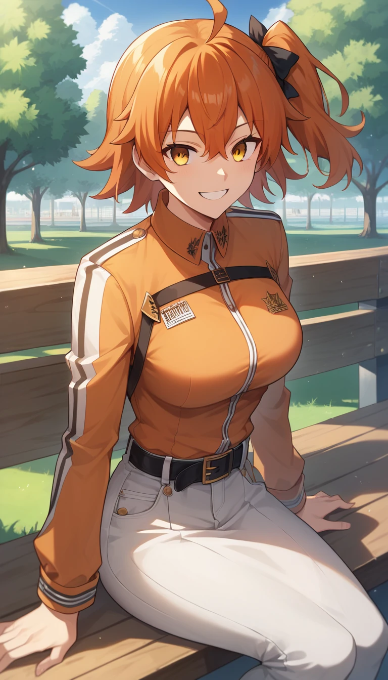 ((1 girl)), ritsuka ,  short hair,  orange hair,  smiling, one side up, collector, collector naranja,  Yellow Eyes , breasts,  white jean ,  orange shirt , long sleeves,  black belt ,  High resolution, ultra-sharp, 8K,  masterpiece,  looking at the spectator, (( masterpiece)), (( high definition )), (( lyrics)), anime badass 8K,  better noise removal ,  The best quality, best render , ritsuka  niña pequeña,  wearing a white dress ,  smiling de alegría,  sitting on a wooden bench in the park, ritsuka  joven, ritsuka  e