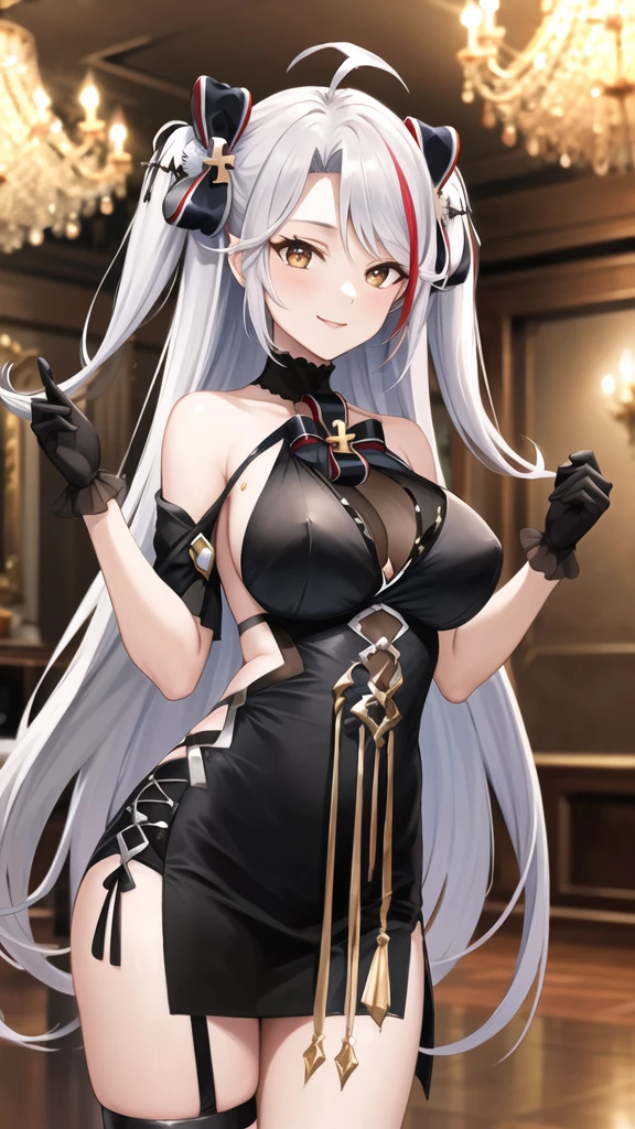 masterpiece, best quality, highres, ddeugen, long hair, two side up, antenna hair, hair bow, bare shoulders, cleavage, black dress, see-through, black gloves, thigh strap, indoors, chandelier, standing, cowboy shot, smile,