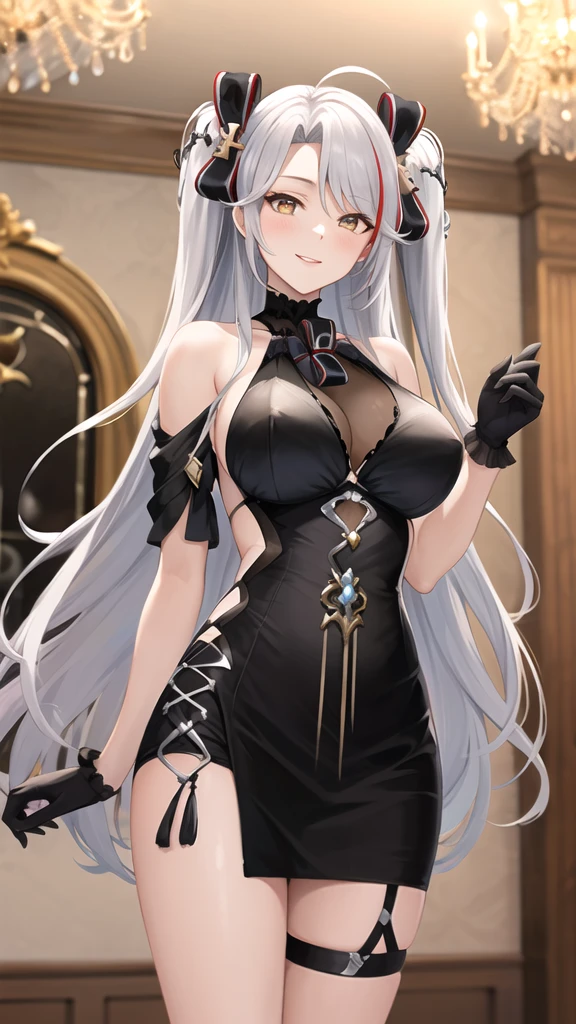 masterpiece, best quality, highres, ddeugen, long hair, two side up, antenna hair, hair bow, bare shoulders, cleavage, black dress, see-through, black gloves, thigh strap, indoors, chandelier, standing, cowboy shot, smile,