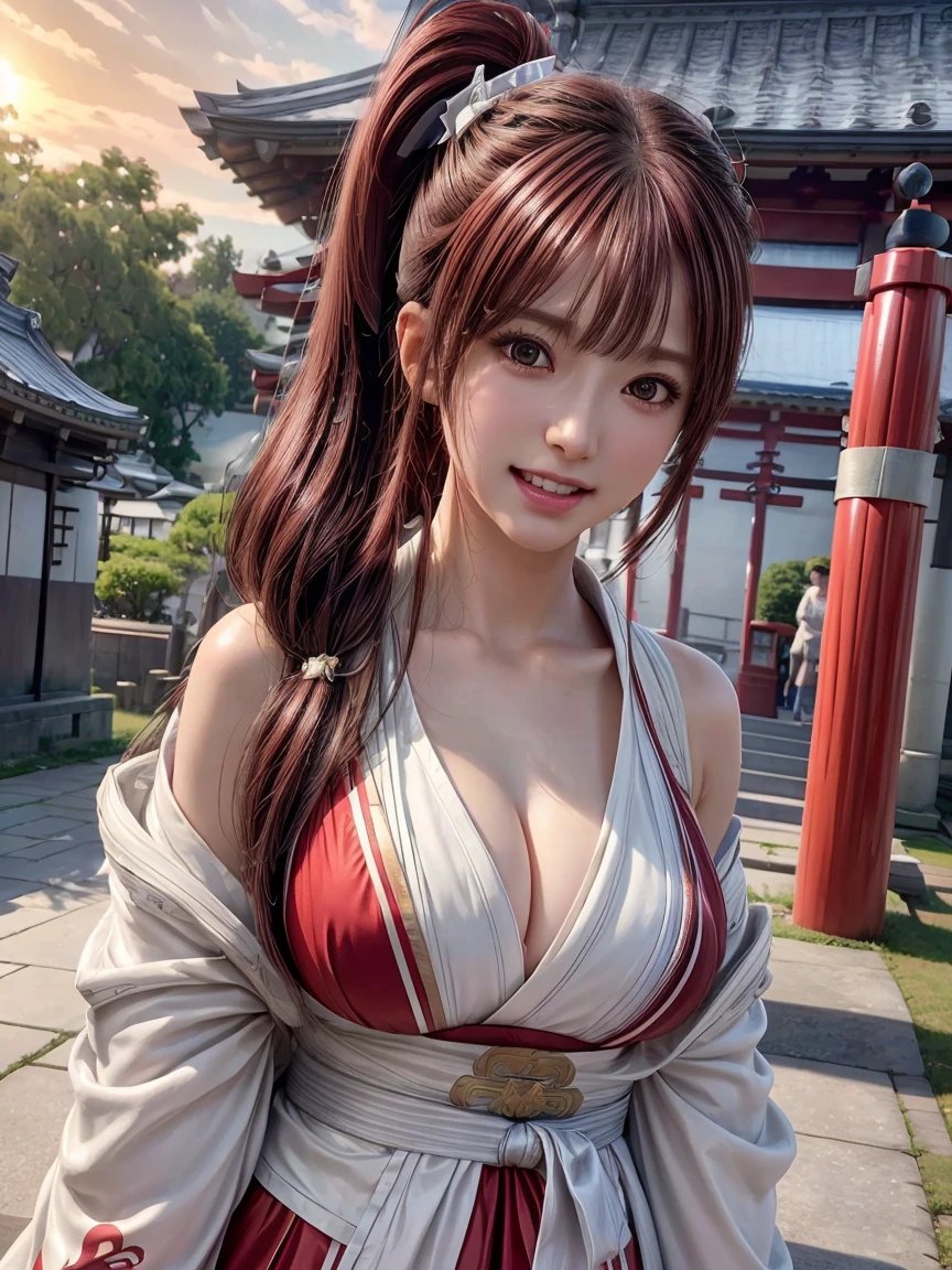  Extremely Detailed CG Unity 8K Wallpaper, Beautiful paintings, (( dark red hair 、 Left Side Ponytail )), (( almond-shaped eyes :1. 4)),  shiny hair, Thick bangs, (( showing white teeth : 1. 2)), ((Image Processing Algorithms:1.5)),  high pixel density in front of the copier、 beautiful and exquisite eyes 、 best quality, Ultra-clear illustrations、 High Contrast 、Color tone correction、 super realistic oily skin and glossy skin, Detailed fabric texture,  Physically Based Rendering 、 RETINA、 ray tracing,  RAW photo, Natural Frontal Light 、Accurate Fingers,  anatomically accurate , 
break、
((  upper body closeup :1.2)), ((Shrine maiden costume))、((In front of the shrine))、 Sunset、