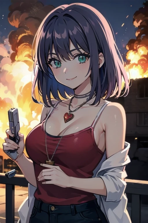 RINSLET WALKER, GREEN EYES, NECKLACE, whole body, cleavage,Black no sleeve、sexy blue denim skirt 1girl, Alone, facing viewer, looking at viewer,  holding a handgun 、upper body, fence、 smile,Infiltrate a military base、Military base exploding in flames、The building is on fire