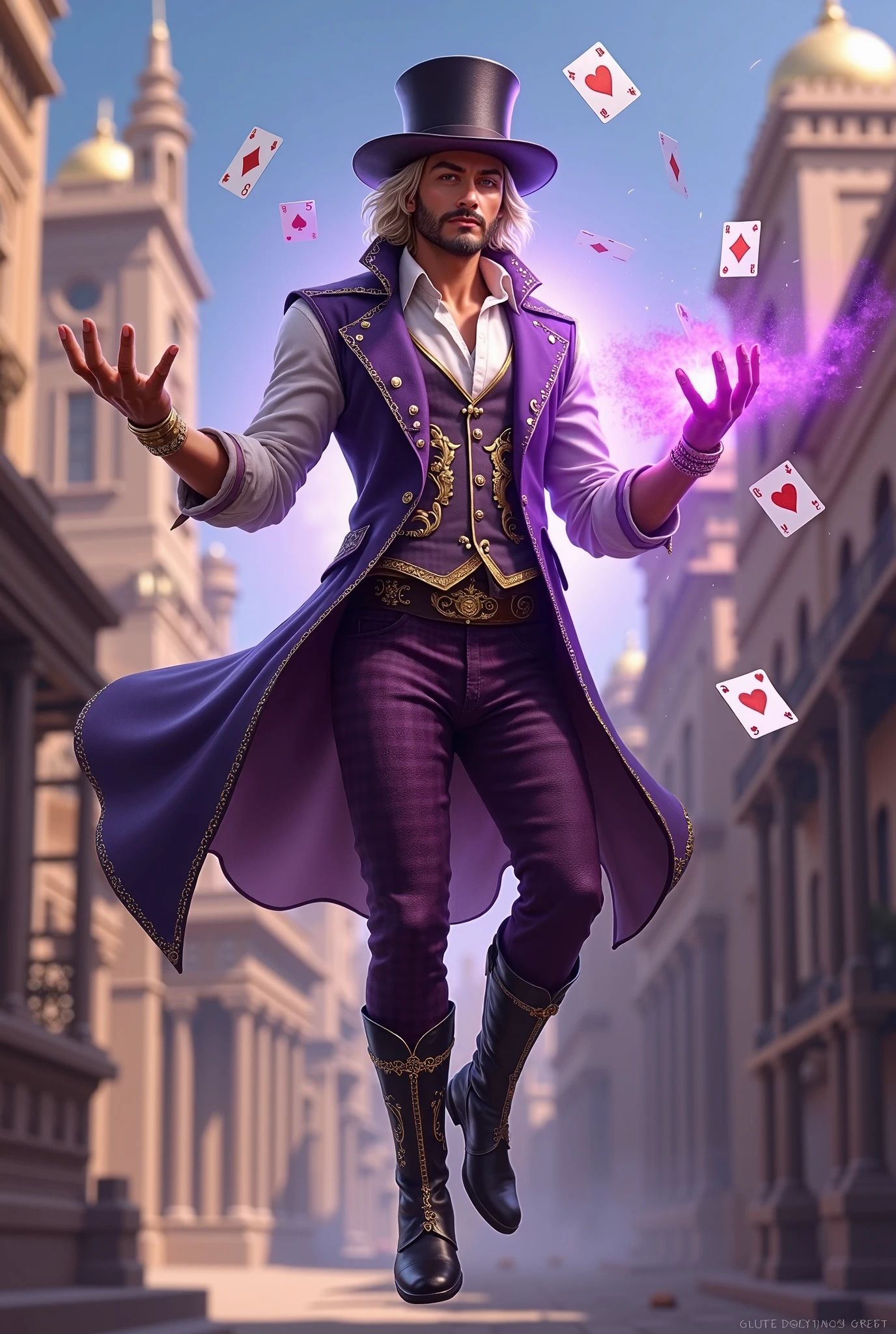 full body of A Mexican man with shiny gold eyes , no beard, Blonde hair, wearing white shirt and light purple vest with gold details, wear dark purple checkered pants , black boots with gold details . a cover, top hat, floating with a purple aura and floating playing cards , realistic. I would like fantasy RPG style art . against the backdrop of an ancient western city