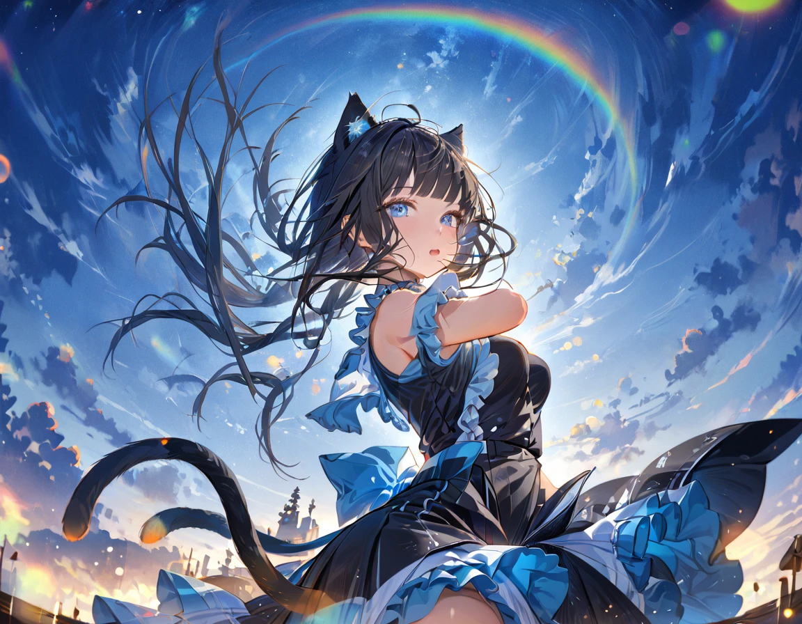 1girl, absurdly long black hair blunt bangs, blue eyes, cat ears, cat tail, chestnut mouth, large breast, open shoulder maid uniform, high waist short skirt, wind browing, floating hair, white background, contrapposto, cool expression, from below, look at viewer, soft focus, lens flare, masterpiece, best quality, vivid light color, Vector Art, 2D flat, simple shapes, professional graphic, flat color, Sleek design, 1girl, absurdly long black hair blunt bangs, blue eyes, cat ears, cat tail, chestnut mouth, large breast, open shoulder maid uniform, high waist short skirt, wind browing, floating hair, white background, contrapposto, cool expression, from below, look at viewer, soft focus, lens flare, masterpiece, best quality, Matte frosted color, Vibrant colors, Layering impasto (oil painting:1.1), ultra-detailed texture, perfect composition, intricate details, high resolution, High contrast, sharp focus, Delicate brushwork, ,AddXL,Dream Scenery