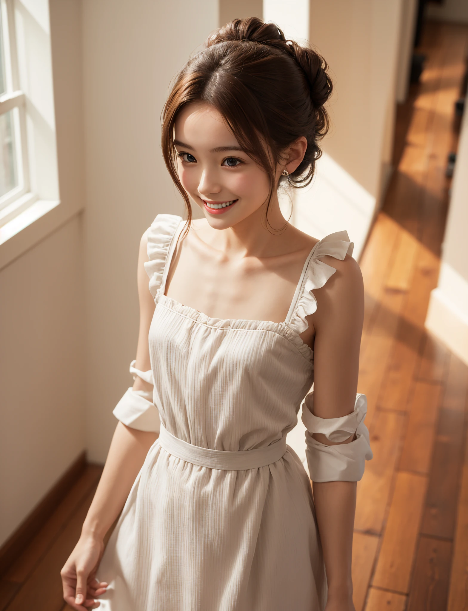 Maid,cute pretty girl,masterpiece,high definition,4k,8k,16k,chignon hair,brown hair,skinny,thin body,smile