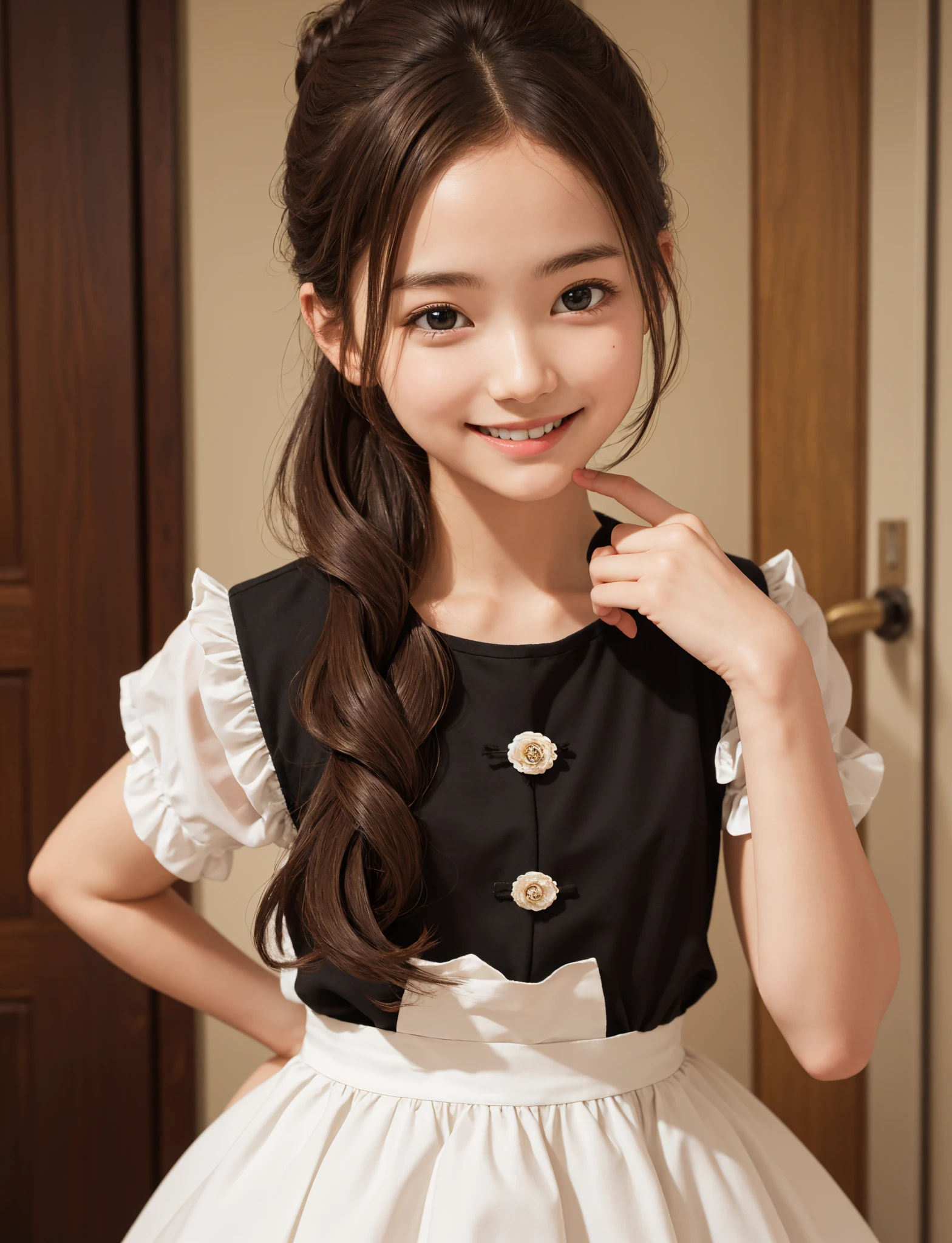 Maid,cute pretty girl,masterpiece,high definition,4k,8k,16k,chignon hair,brown hair,skinny,thin body,smile