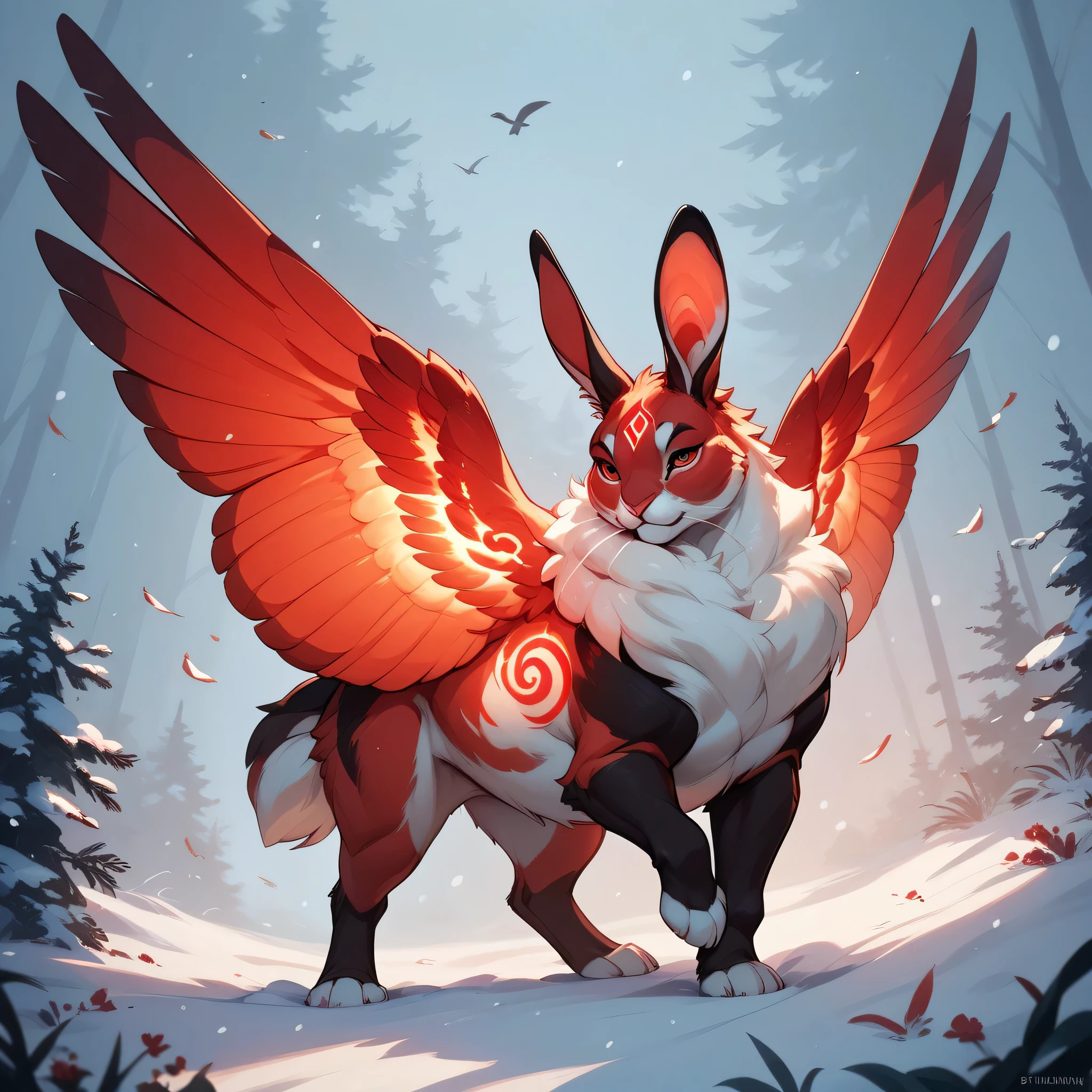 Solo, feral rabbit-bird creature, fluffy body, white and red markings, glowing chest, small, plump physique, prey animal, small, black red snowy background