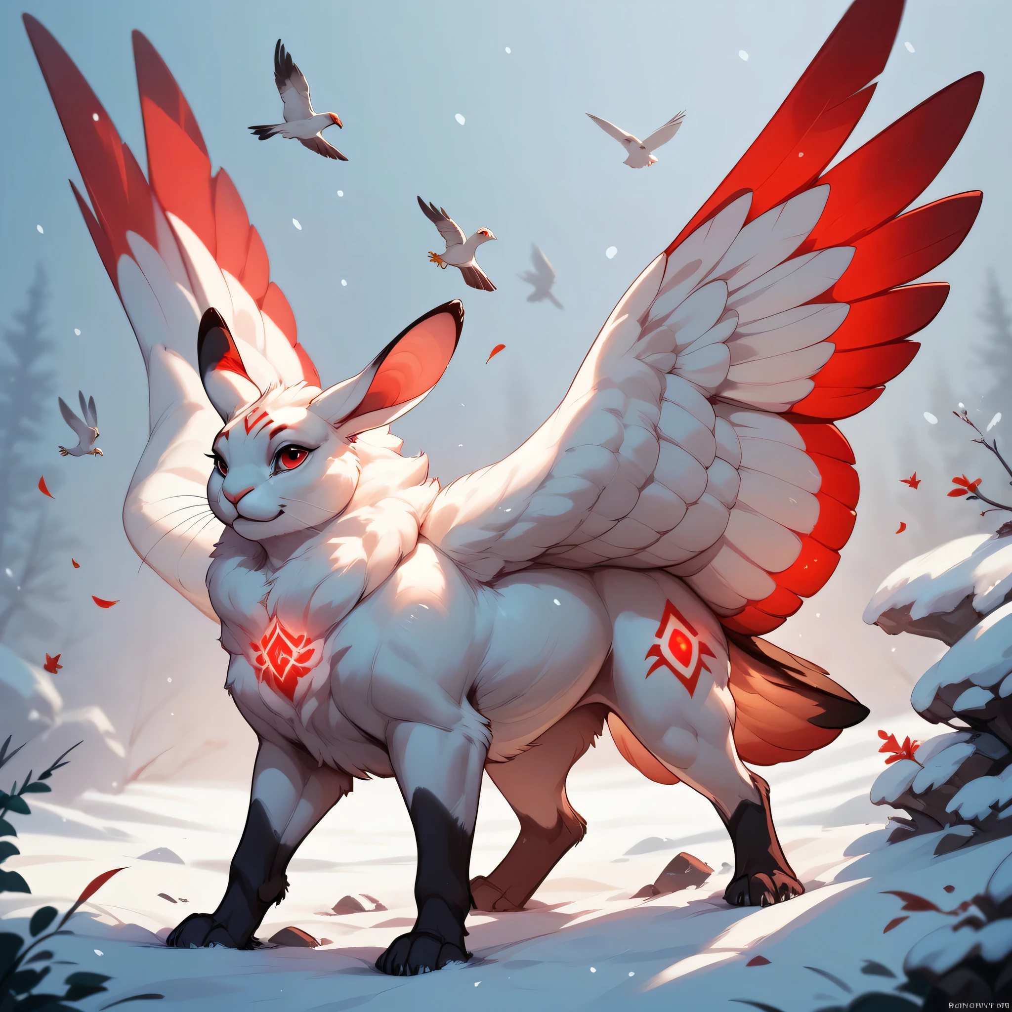 Solo, feral rabbit-bird creature, fluffy body, white and red markings, glowing chest, small, plump physique, prey animal, small, black red snowy background