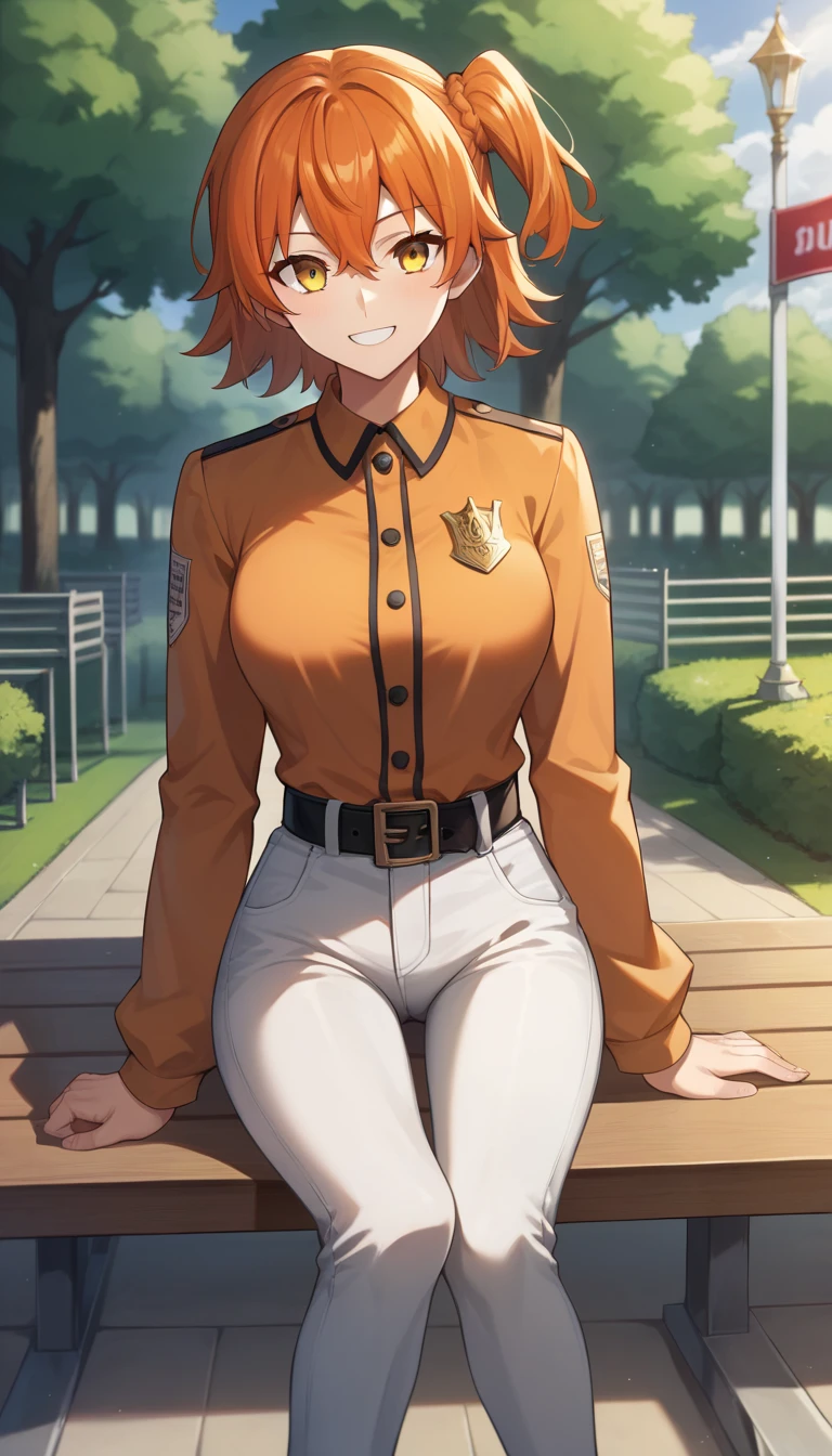 ((1 girl)), ritsuka ,  short hair,  orange hair,  smiling, one side up, collector, collector naranja,  Yellow Eyes , breasts, jean azul,  orange shirt , long sleeves,  black belt ,  High resolution, ultra-sharp, 8K,  masterpiece,  looking at the spectator, (( masterpiece)), (( high definition )), (( lyrics)), anime badass 8K,  better noise removal ,  The best quality, best render , ritsuka  niña pequeña,  wearing a white dress ,  smiling de alegría,  sitting on a wooden bench in the park, ritsuka  joven, ritsuka  e