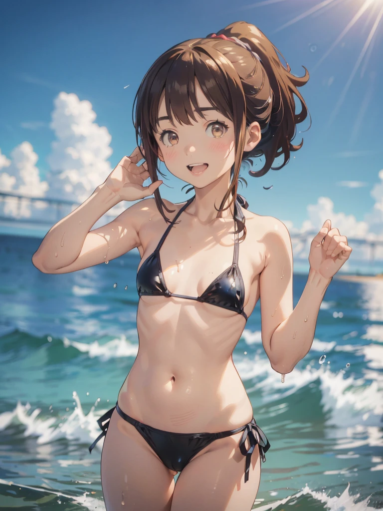 ((NSFW)),((cowboy shot )),  ((jinno megumi, brown hair, ponytail, brown eyes)), ((NSFW)),((Micro bikini - swimsuit with a small area)), (cameltoe:1.1)  (((Smaller chest))), Best Quality, (masutepiece:1.2), Highly detailed, 1girl in, Solo, raise a hand, Looking at the viewer, Open mouth, Smile, tooth,  Girl in 1, Solo, cowboy  shot,Depth field、light on face、Portrait、sunshine、sky porn、smile、((ocean, water, splash,))