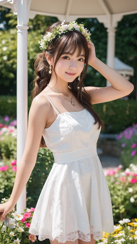 highest quality, masterpiece, Ultra-high resolution (Realistic: 1.4), RAW Photos, 1 girl, White Dress, Exposing shoulders, A field full of pink flowers, Glowing Skin, smile