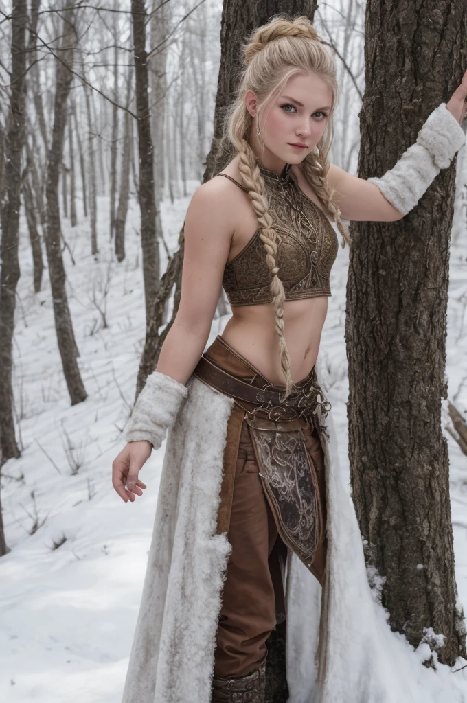 (Practical:1.2), Analog photography style, Scandinavian female warrior, Fantastic snowscape, gold braided hair, whole body, Soft natural light, Cute and sexy, pleasure, Delicate face and blue eyes, Good quality, masterpiece, Detailed northern background, quality: 16K, RAW photos