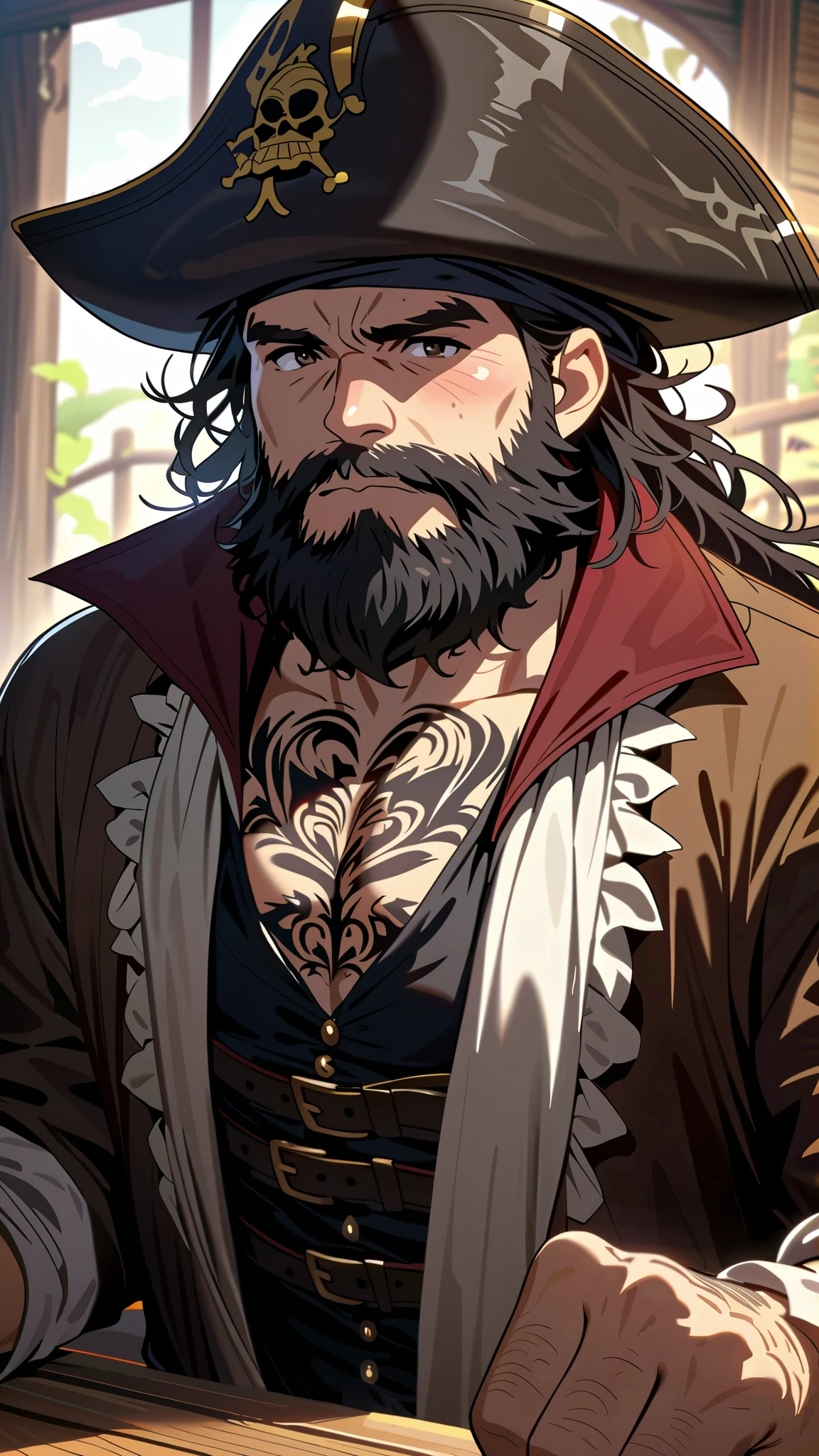 Pirate with a beard and a hat sitting at a table - SeaArt AI