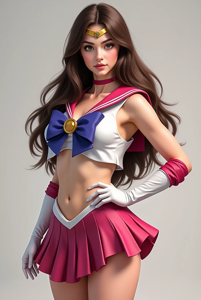 Full body shot of Isabella, brown hair, hazel eyes, white skin,posing in a Sailormoon costume 