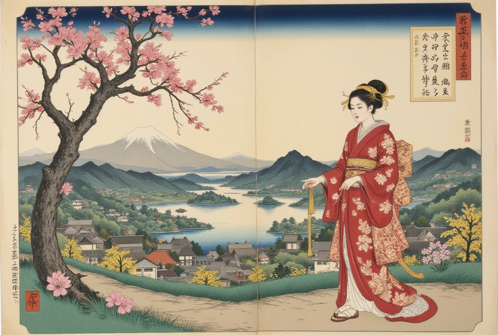 Wonderful Ukiyoe by Katsushika Hokusai. Very delicate and beautiful Pastoral Idyll painting.A very beautiful and sexy Geisha lady walking along a rural lane. very beautiful landscape. so many flowers