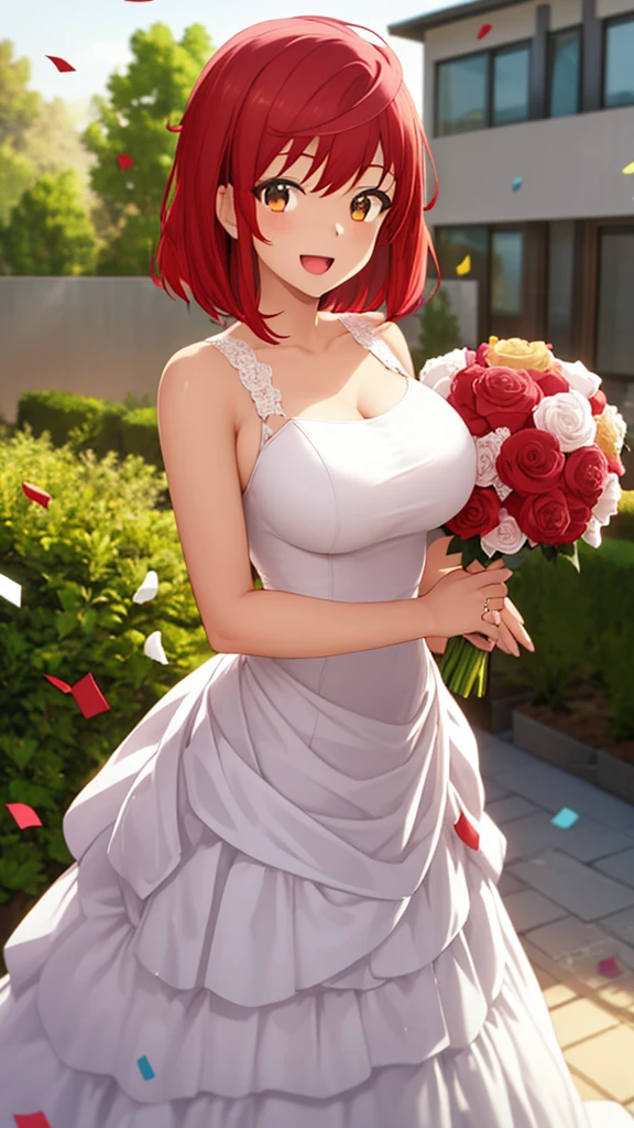 masterpiece, best quality, high quality, girl, solo, looking at viewer, enjou_retto, Red hair, Brown Eyes, large breasts, wedding dress, standing, garden, confetti, holding bouquet, smile, open mouth