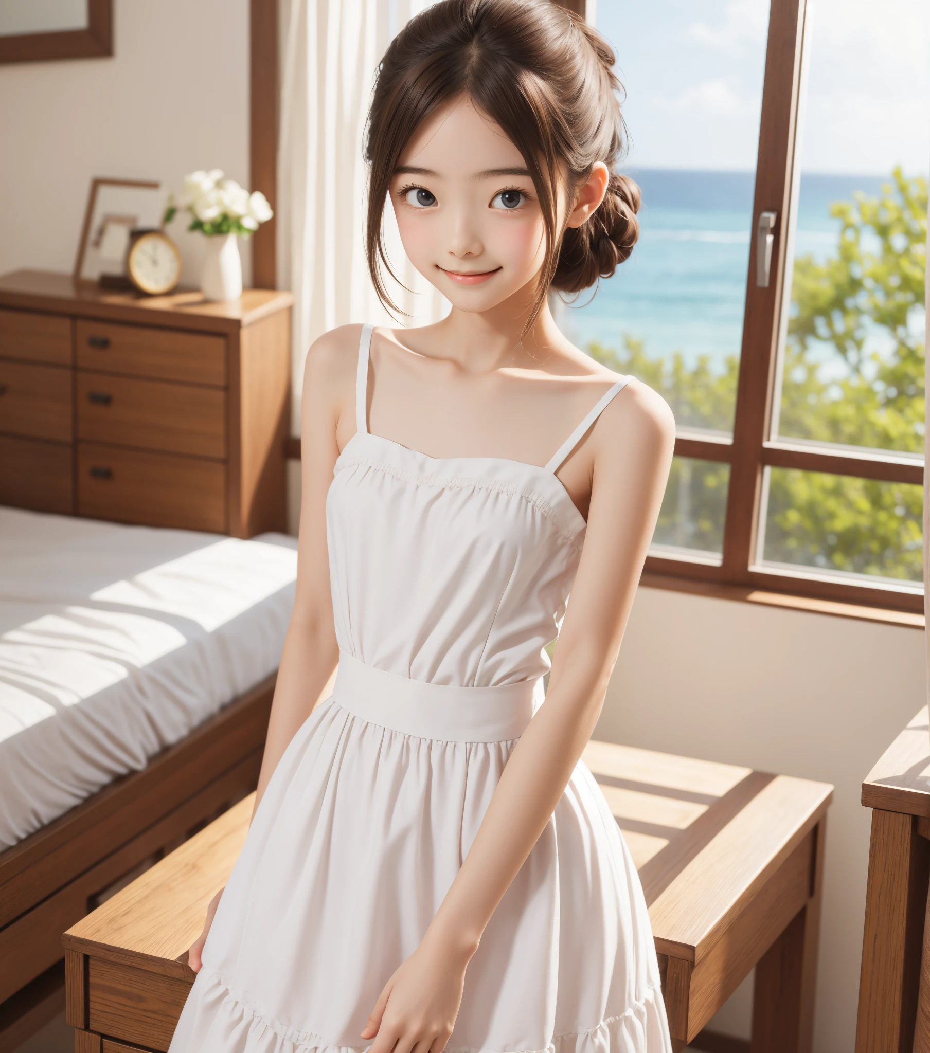 Maid,cute pretty girl,masterpiece,high definition,4k,8k,16k,chignon hair,brown hair,skinny,thin body,smile