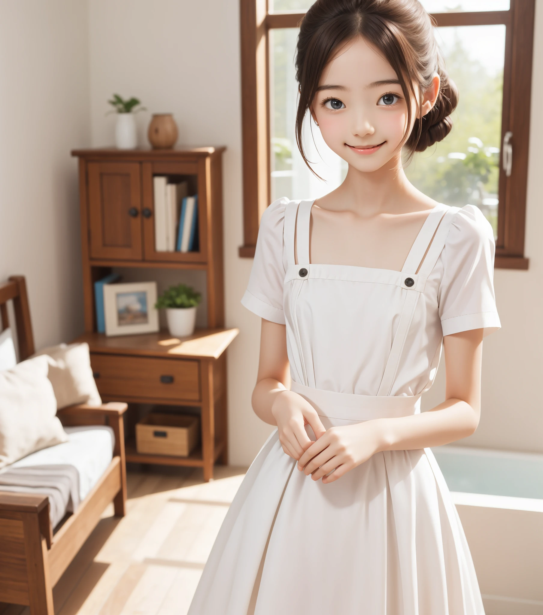 Maid,cute pretty girl,masterpiece,high definition,4k,8k,16k,chignon hair,brown hair,skinny,thin body,smile