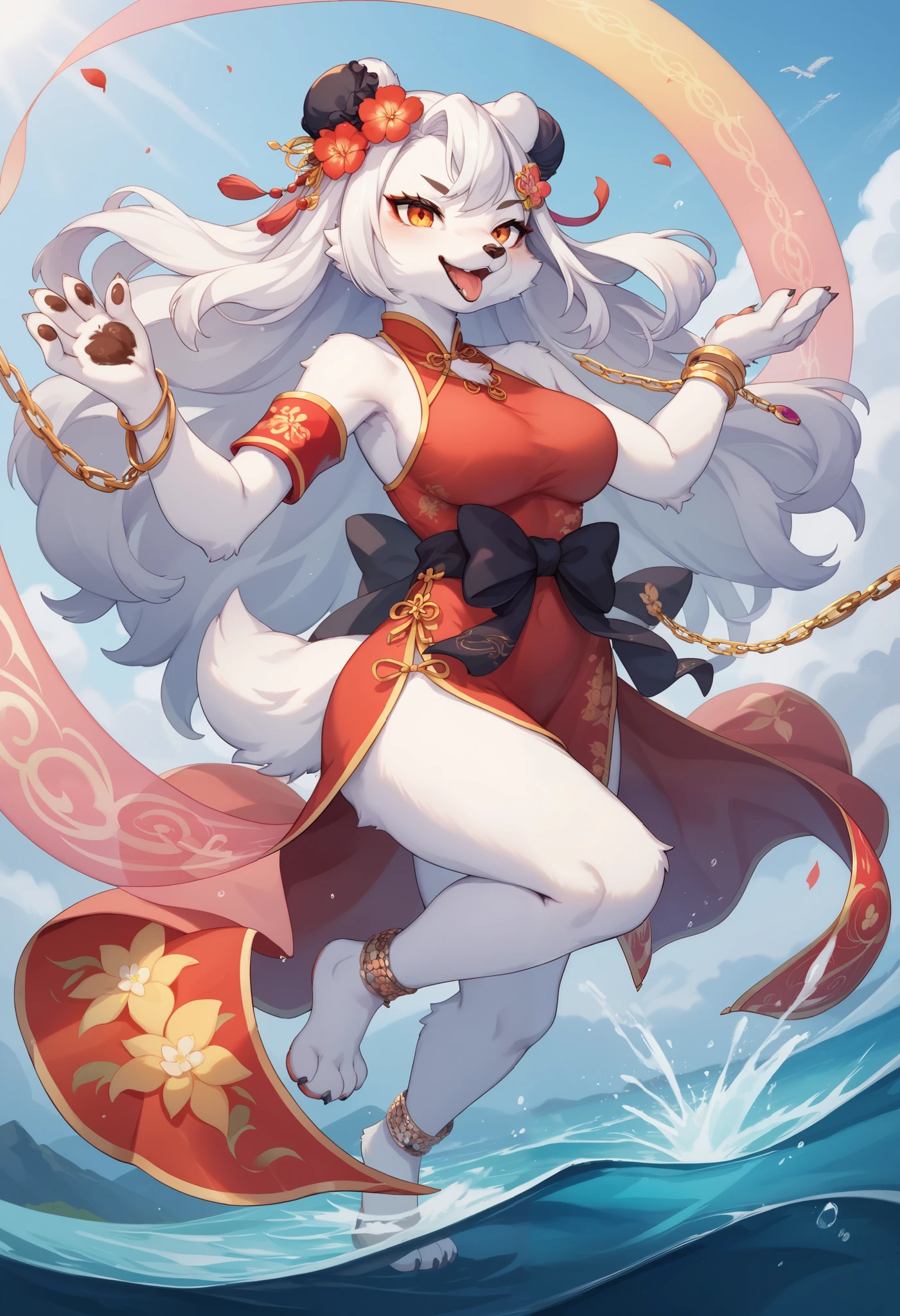 furry kemono commission style, a cute bat goddess with big ears and long white wavy hair, beautiful detailed eyes, beautiful detailed lips, extremely detailed face, blue eyes, happy expression, dressed in blue and red casual style, bat wings on the back, curvy figure, full body shot, 8k, hyper-detailed, intricate details, dynamic pose, vibrant colors, dramatic lighting, fantasy art, digital painting