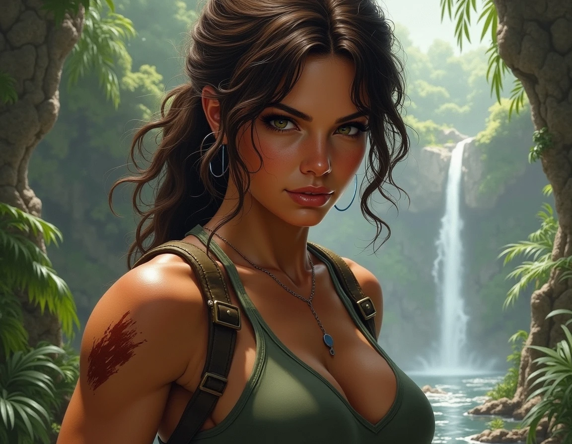 Tomb Raider epic scene Realistic masterpiece, ultra high quality image showing a beautiful and sexy Lara Croft , perfect fit body with((( huge natural breast popping in tight cropped white top , she wear a small green kaki mini short and one holster gun strapped on her leg ,))) perfect skin texture, shown to have a fairly slender figure. She has brown hair , she has long hair with a pony tail and large pale green eyes, standing in the Egyptian desert with the sphinx and a pyramid far away in the background, in a epic Egyptian desert scene, she standing in a natural and relaxed pose , during sunset, when the sky is full of bright colors and billowing clouds, reflecting the light of the low setting sun. Amazing Egyptian ruins scene in the background, The gorgeous sunset adds a magical atmosphere to the photo . The seductive expression on the girl's face and her playful contemplate at the viewer add an element of hotness and romance to the picture. While the splendor of the desertic landscape in the style of a tomb raider epic scene reflect the girl's exploration and adventurous spirit., huge cleavage exposed, big natural breasts, superior quality, many details, Puri focus Sharp and realistic , perfect hands, detailed hands, perfect eyes, detailed eyes, realistic, HDR, UHD, dynamic
