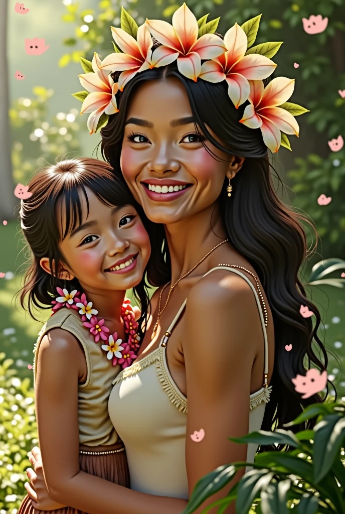 there is a woman and a child sitting on a deck, 3 5 year brazilian mother, divertindo-se, babies in her lap, with a kid, Selvas ao fundo, non blurry, com hera, Malika Favre, Mulher de 30 anos de Cuba, in the background is lush jungle, imagem de qualidade muito baixa, belos arredores