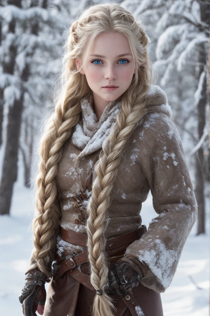 (Realistic:1.2), Analog Photography Style, Scandinavian warrior woman, fantastic snowy setting, braided blonde hair, whole body, Soft natural light, Cute and sexy, Pleasure, detailed face and blue eyes, Great quality, masterpiece, detailed northern background, Quality: 16K, raw photo