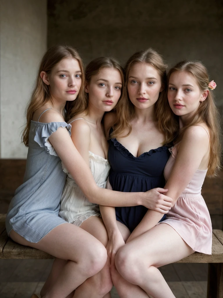 3 beautiful young girls hugging, femme araffée assise sur un banc dans une chemise ruffle rose, in style of Pétra Collins, she is wearing Vêtements de ville, Eva Elfie, Pétra Collins and mc. Escher,  esthétique grunge , cleavage, woman in Vêtements de ville, avec de la fumée, fumée intense, fumée rose sortant de sa bouche, Pétra Collins, Amanda Clarke,  esthétique grunge !!!, modèle non binaire, portant un joli haut, porter un haut de créateur, belle esthétique, tendance sur r/Vêtements de ville hugging each other from above view, a girl whispering into a girls, ear from behind , smell breast (best quality,4k,8k,highres,masterpiece:1.2),ultra-detailed,(realistic,photorealistic,photo-realistic:1.37),portrait,chiaroscuro lighting,soft pastel colors,dreamy atmosphere
