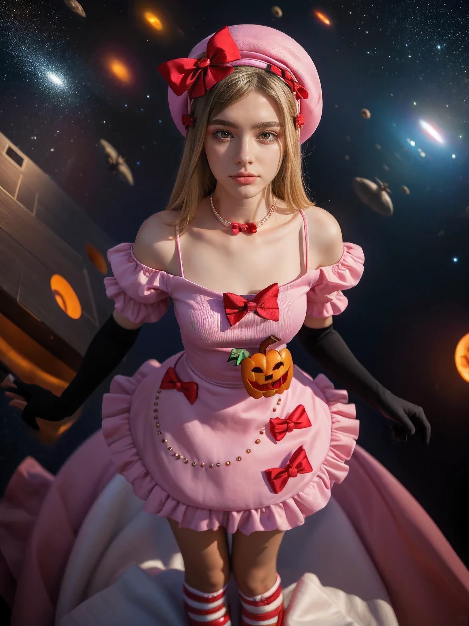 (1 lady), The beautiful, (Best quality at best:1.4), (ultra - detailed), (extremely detailed CG unified 16k), gold blonde hair, very detailed, High-definition RAW color photo, professional photoshooting, amazing face and eyes, cosmetics, (amazingly beautiful girl), ((lambdadelta, taller, tall woman, NOT Dasha Taran)), ((dress, shoes bow, red shoes, striped stockings, red bow, pink hat, necklace, gloves, pearl, pumpkin brooch, pink dress)), levitating in a cute posture (floating in the air), (She's levitating in a cosmic sea, outer space:1.3, quantum hyperspace room lacking walls, hyperspace chamber, extremely detailed background, a lot of details background, realistic background), (look from above), realistic cinematic face, head to feet long wide zoomed out view, full body long view, photorealistic, ((realistic natural blonde hair style, red eyes)), gorgeous, extremely beautiful face, perfect model beauty, pout mouth, Highly Detailed Face and Skin Texture, Detailed Eyes, Double Eyelids, Big Breasts, Persistent Stare, Faith Trance, (mystical stare, looking eternity), (masterpiece), best quality, high resolution, depth of field, cinematic lighting, amazing legs, pink combat boots, clear and well-cared skin