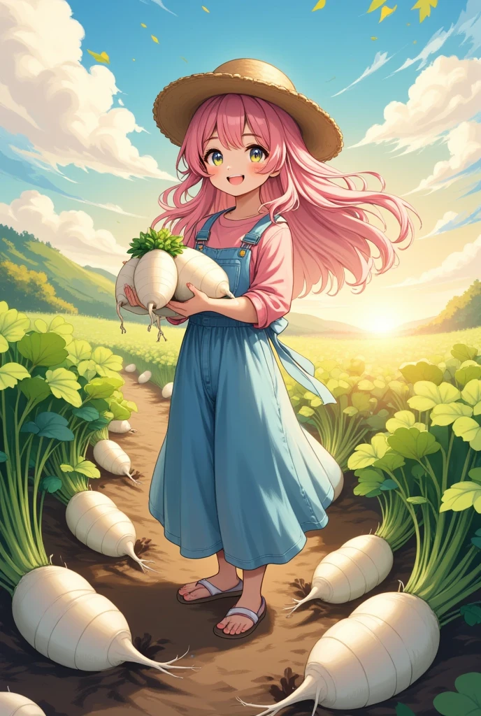 Peaceful rural scenery, (1girl,  long pink, fluffy hair , Thick eyebrows,  sky blue overalls :1.3, Pink shirt:1.3,  rolling up sleeves ,  straw hat,  dirt with dirt on cheeks :1.3, smile, A lot of daikon is growing in the \Holding Japanese white radish :1.3), ( daikon harvesting , japanese white radish,  Daikon that are bifurcated and intertwined from the center, Large daikon ),  field holding daikon with green leaves\Daikon has white fruits that are slightly delicious in the ground,  pouring sunlight , Calm and beautiful scenery , (((UHD, masterpiece, anatomically correct, super detail, high details,  highres icon, 8k, best quality:1.3)))