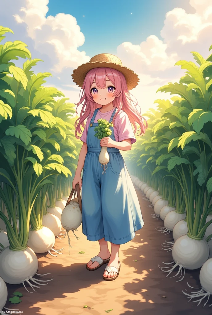 Peaceful rural scenery, (1girl,  long pink, fluffy hair , Thick eyebrows,  sky blue overalls :1.3, Pink shirt:1.3,  rolling up sleeves ,  straw hat,  dirt with dirt on cheeks :1.3, smile, A lot of daikon is growing in the \Holding Japanese white radish :1.3), ( daikon harvesting , japanese white radish,  Daikon that are bifurcated and intertwined from the center, Large daikon ),  field holding daikon with green leaves\Daikon has white fruits that are slightly delicious in the ground,  pouring sunlight , Calm and beautiful scenery , (((UHD, masterpiece, anatomically correct, super detail, high details,  highres icon, 8k, best quality:1.3)))