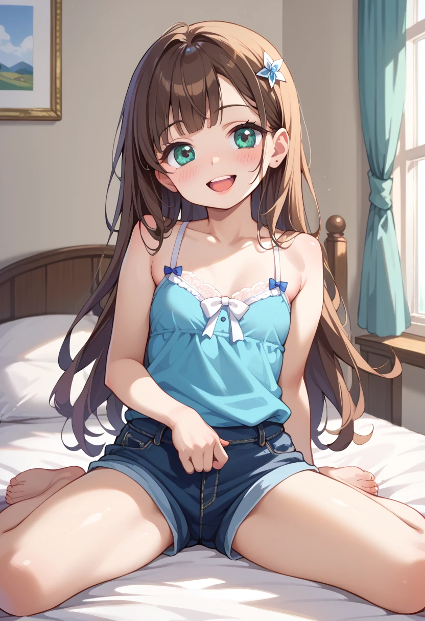 (( best quality)), ((masterpiece)), (be familiar with),  perfect face, indoor, bedroom,  putting their fingers in their lips,
One woman,  Gamemun Neko ,
 characters with open mouth ,  ecstatic expression with hands in front of body, blush, smile,
Small breasts,  flat chested, Young girl, Lori,  kids,  girl,
 long hair,  long hair,
Leg spread,