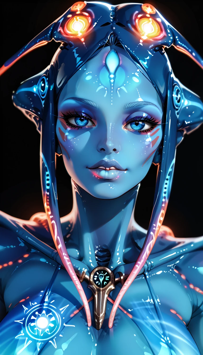 Medieval Extraterrestrial Creature, Alien Being, ((Non-Human)), Female seductive Alien, colorful skin, Holographic Alien Tribal, Tribal Alien Priestess, Glowing Makeup, Blacklight, Glowing, Seductive Alien, Black Background, Character Design Sheet, ((eye focus, lip focus)), glowing holographic armor