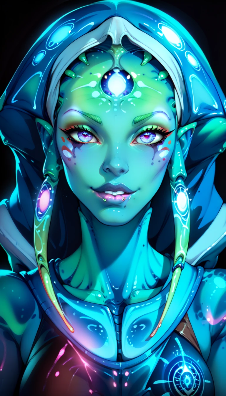 Medieval Extraterrestrial Creature, Alien Being, ((Non-Human)), Female seductive Alien, colorful skin, Holographic Alien Tribal, Tribal Alien Priestess, Glowing Makeup, Blacklight, Glowing, Seductive Alien, Black Background, Character Design Sheet, ((eye focus, lip focus)), glowing holographic armor