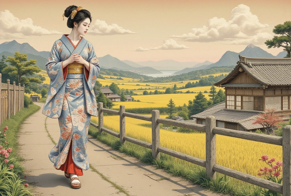 Wonderful Ukiyoe by Katsushika Hokusai. Very delicate and beautiful Pastoral Idyll painting.beautiful Rural landscape.A very beautiful and sexy Geisha lady walking along a rural lane. so many flowers.paddy field