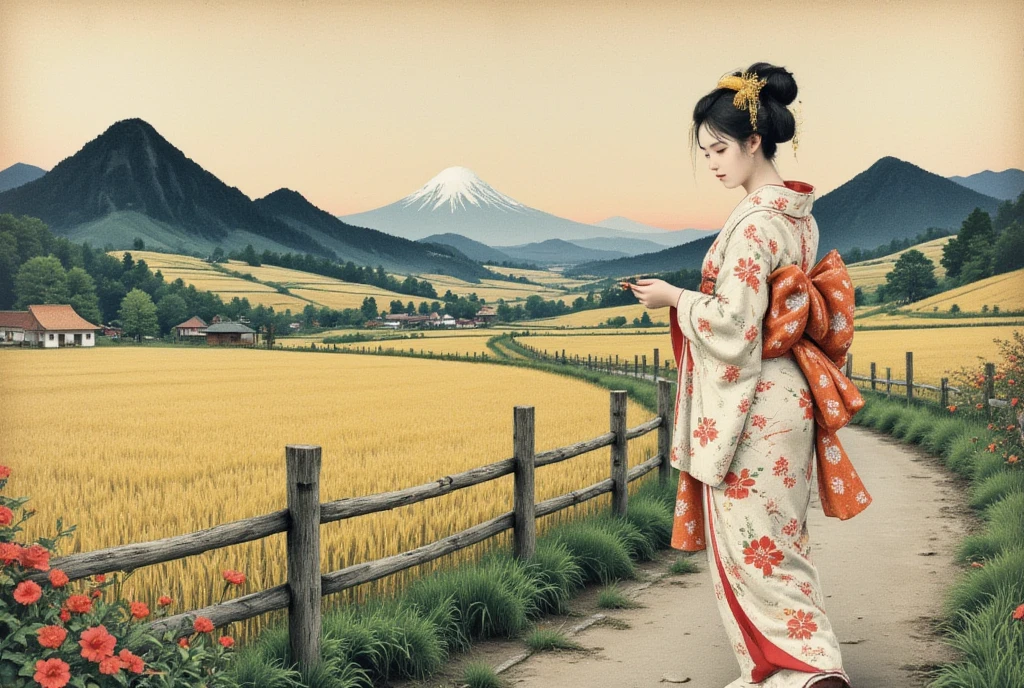 Wonderful Ukiyoe by Katsushika Hokusai. Very delicate and beautiful Pastoral Idyll painting.beautiful Rural landscape.A very beautiful and sexy Geisha lady walking along a rural lane. so many flowers.paddy field