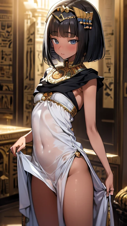 ((masterpiece, high definition ,8k)),(( Very detailed,Perfect picture)),( perfect anatomy ), (skin（Skin）Dark-colored woman （women）, flat chested,slender,navel,( with dark hair bob cut :1.3),dark skin,Small and beautiful eyes,Droopy eyes, gray eyes), inside an Egyptian palace ,( Cleopatra,Egyptian Princess:1.3),thong,(dress lift:1.5),smile,cowboy shot,between legs,fish-eye lens,