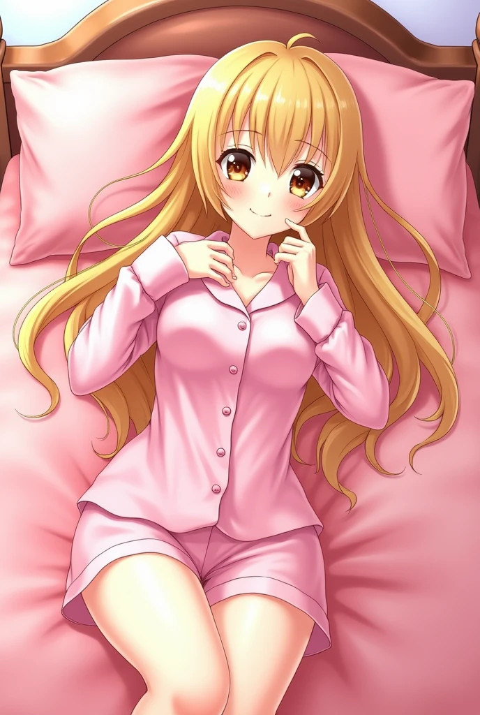 Beautiful long blonde hair　Embarrassing　Tears overflow from my eyes　Spread your legs　Sleeping in bed　Princess in a pink dress　Long sleeve　Put your hands in your panties　Masturbation