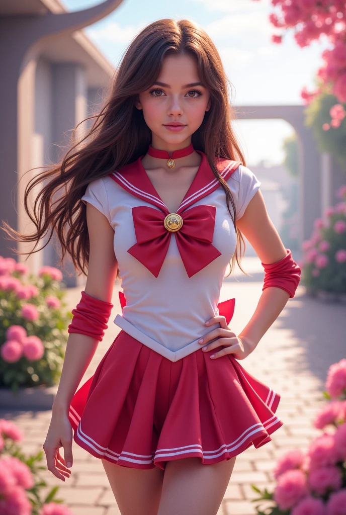 Isabella, brown hair, hazel eyes, white skin, wearing a sailormoon cosplay costume 