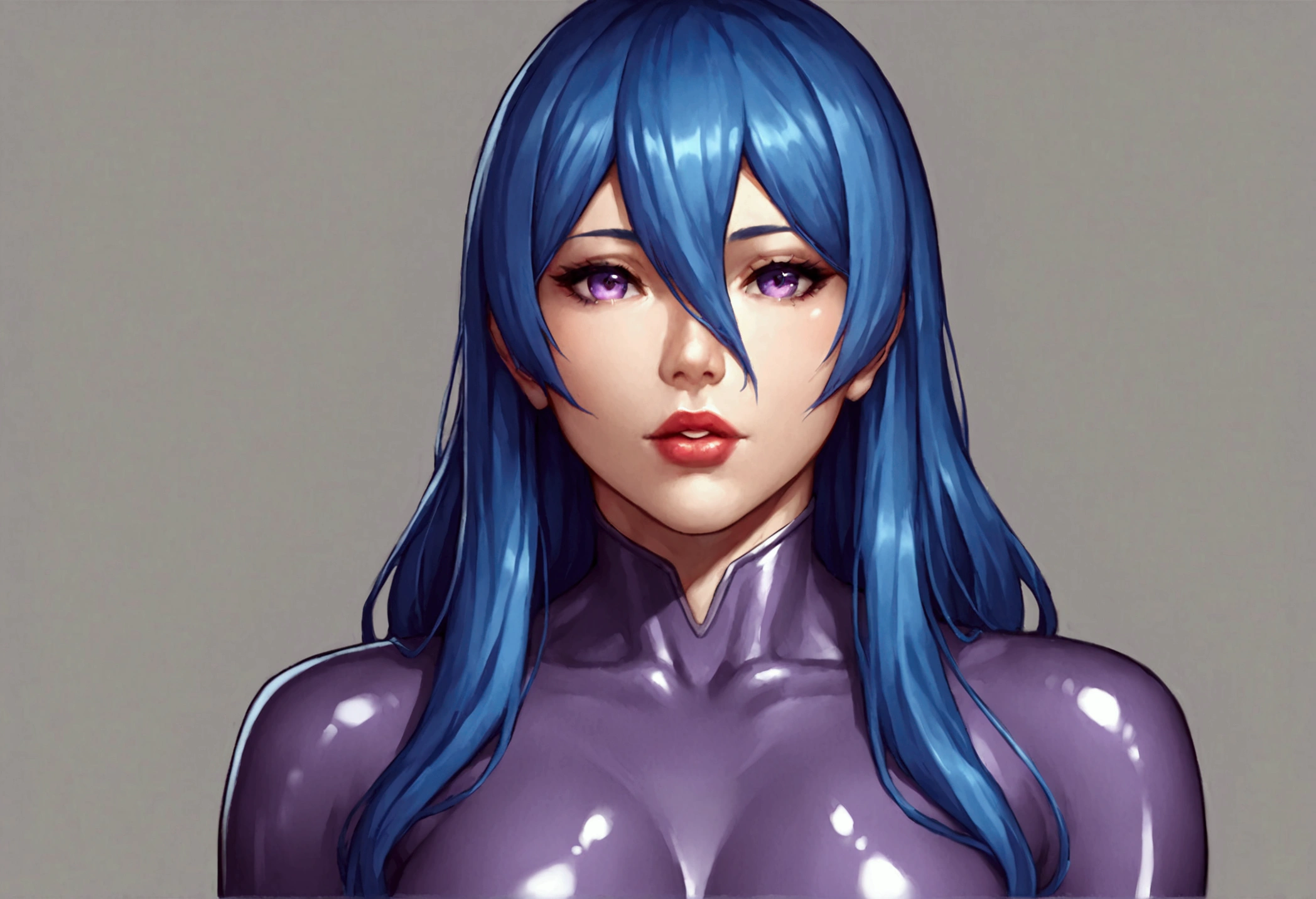 Akiyama Rinko, nsfw, score_9,  score_8_superior,  score_7_superior,  source_ erotic anime BREAK 1 GIRL, Alone,  blue hair, Long Hair,  purple eyes,  hair between eyes, lipstick,  open lips,  bodysuit