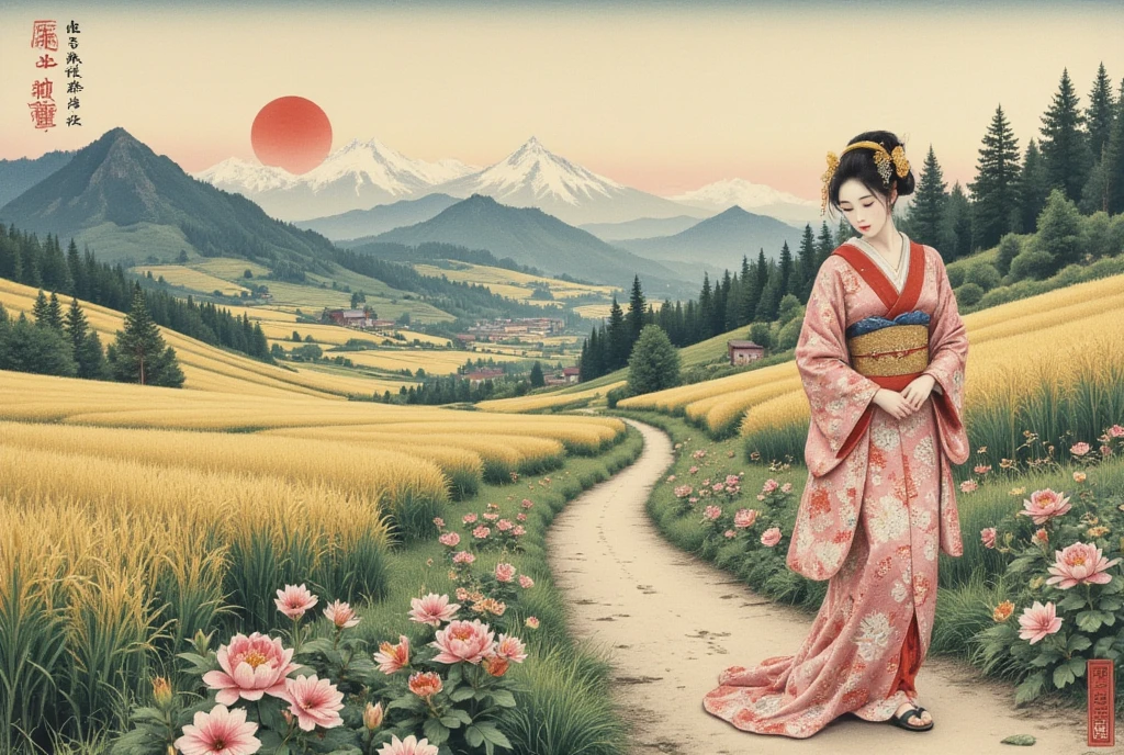 Wonderful Ukiyoe by Katsushika Hokusai. Very delicate and beautiful Pastoral Idyll painting.beautiful Rural landscape.A very beautiful and sexy Geisha lady walking along a rural lane. so many flowers.paddy field