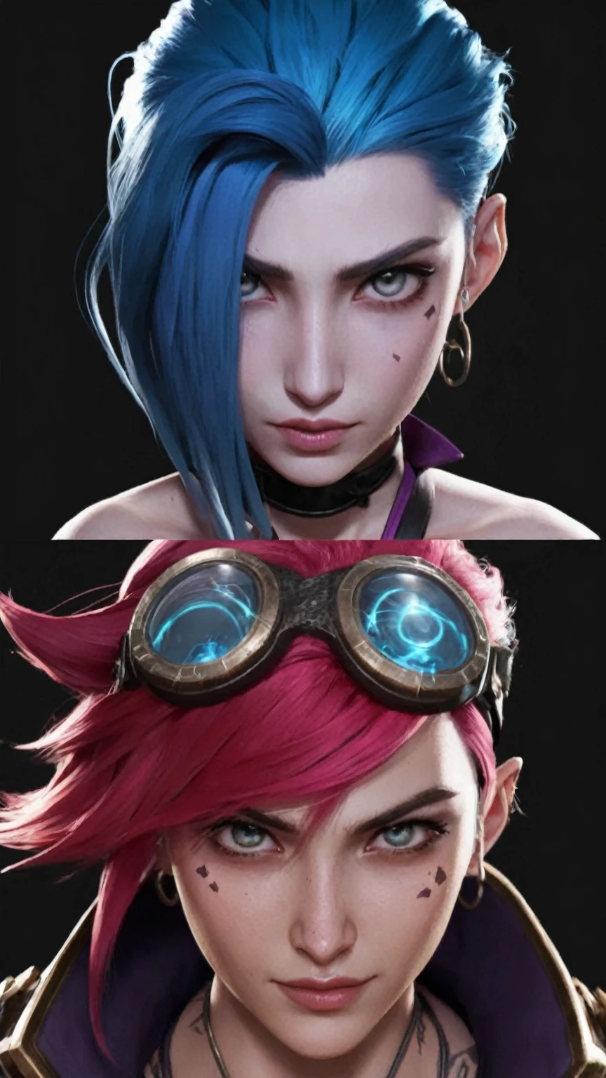 arcane, Vi and Jinx with expressive faces and maintaining all the features of the image
