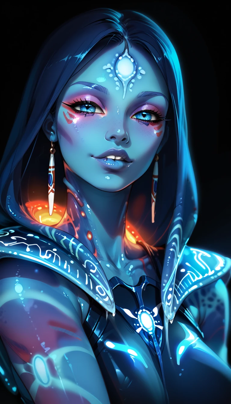 Medieval Extraterrestrial Creature, Alien Being, ((Non-Human)), Female seductive Alien, colorful skin, Holographic Alien Tribal, Tribal Alien Priestess, Glowing Makeup, Blacklight, Glowing, Seductive Alien, Black Background, Character Design Sheet, ((eye focus, lip focus)), glowing holographic armor