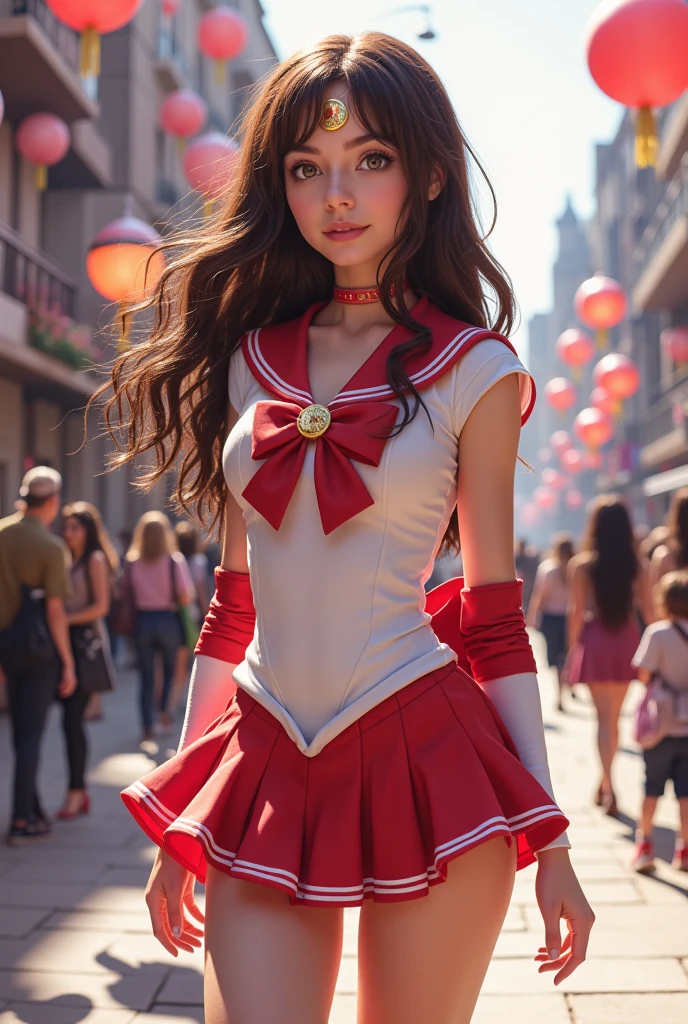 Isabella, brown hair, hazel eyes, white skin, wearing a "sailormoon" cosplay costume 