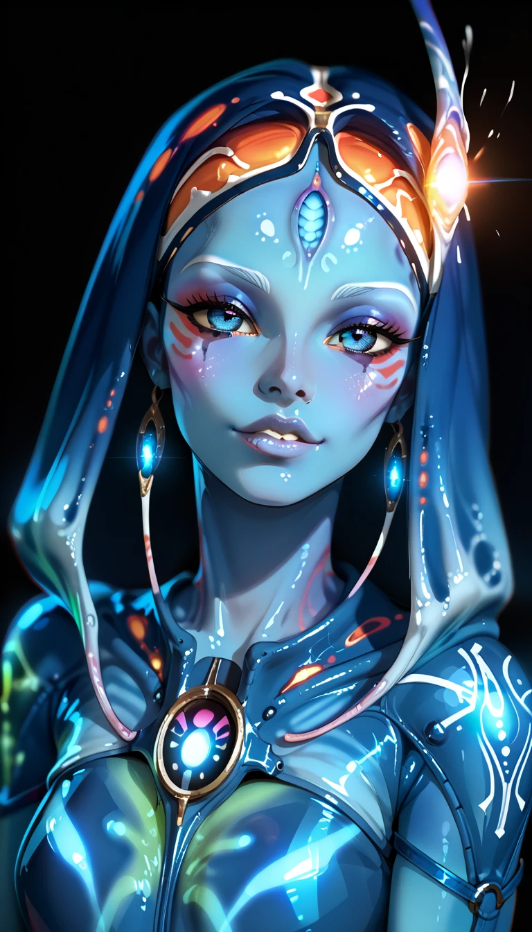 Medieval Extraterrestrial Creature, Alien Being, ((Non-Human)), Female seductive Alien, colorful skin, Holographic Alien Tribal, Tribal Alien Priestess, Glowing Makeup, Blacklight, Glowing, Seductive Alien, Black Background, Character Design Sheet, ((eye focus, lip focus)), glowing holographic armor